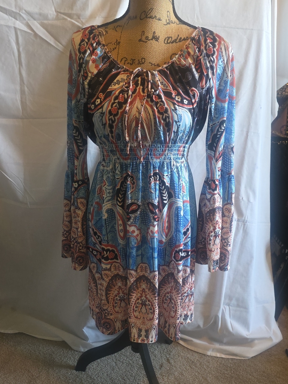 Boston Proper Blue and Brown Paisley Long-Sleeve Smocked Dress
